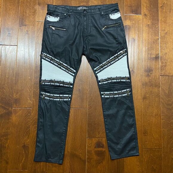 Robin's Jeans Ribbed Moto Zipper Straight Leg Black White Pants Men's 40 x 34 - Picture 4 of 14